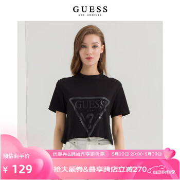 GUESS 女士时尚短款倒三角LOGO百搭T恤-V2RI00K80 JBLK-黑色 XS