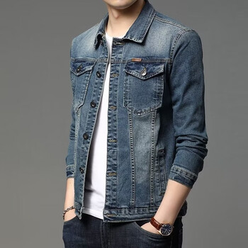 纯以纯男2022秋季新款牛仔外套男翻领韩版潮牌水洗工装夹克气质修身