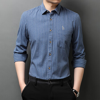 二哈吉斯汪男士长袖衬衫秋季新款纯棉条纹衬衣商务休闲修身韩版y100