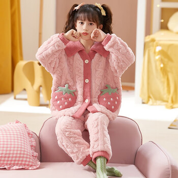婷仙韵 女童睡衣秋冬季珊瑚绒儿童加绒加厚法兰绒女孩中大童亲子母女