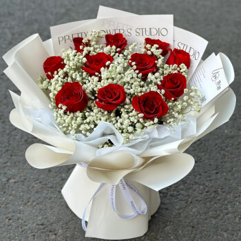蔷薇恋鲜花同城配送11朵红玫瑰花束表白女友老婆闺蜜生日礼物 11朵红玫瑰+满天星-白色包装 同城配送 送花上门