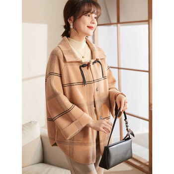 恒源祥妈妈冬装毛呢格子外套洋气大码宽松上衣中老年女秋冬呢子短款