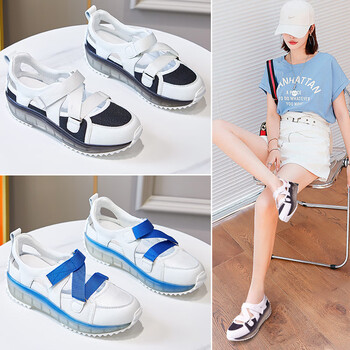 poustep运动凉鞋女夏季新款韩版ins网红小白鞋镂空松糕休闲鞋蓝色