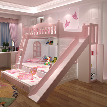 床上下床公主床多功能成人母子床滑梯双层床高低床 粉色双层床 拖床