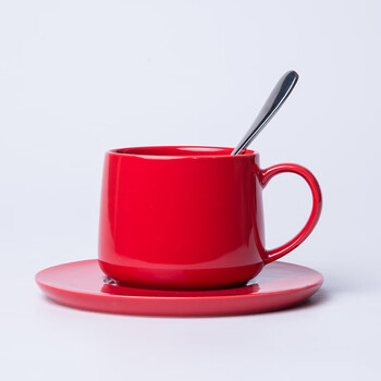 带碟子杯托 套装 陶瓷杯 马克杯 水杯带勺子 创意杯子定制 亮光红色