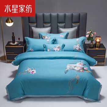 轻奢水星时尚2022古风纯棉四件套120支新疆长绒棉全棉被套白色刺绣
