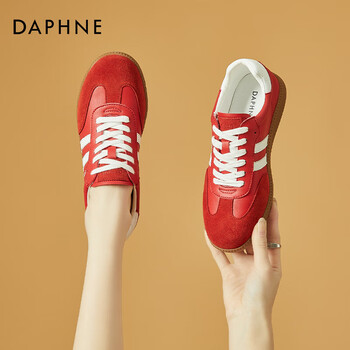 达芙妮daphne红色真皮德训鞋女鞋子2023新款秋季平底百搭休闲鞋运动