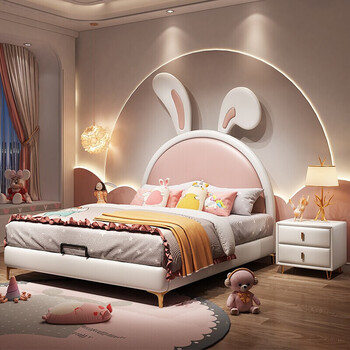 贵祺儿童床公主床女孩兔子真皮床粉色少女卧室床单人床实木网红ins风