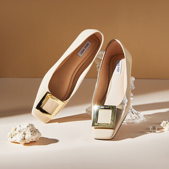 鞋女2024春秋新款气质轻奢金属方扣平底女鞋 粉白 34【图片 价格 品牌