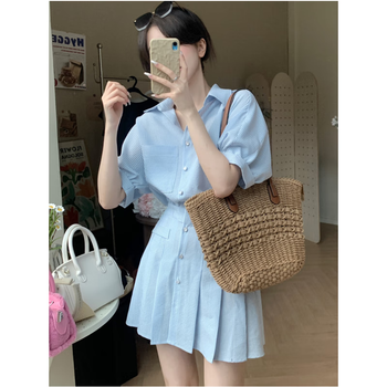 维莘衬衫大胸女装套装夏季新款布拉格泡菜少女格子连衣裙春夏超显瘦