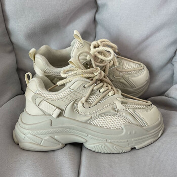 老爹鞋男女情侣款冬季加绒潮流厚底学生跑步运动休闲鞋子男米色加棉加