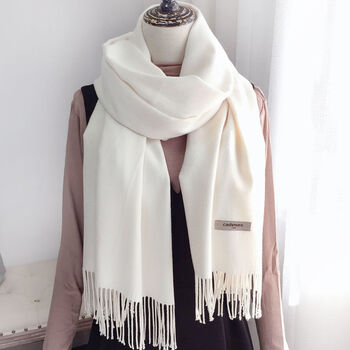 cashmere羊绒围巾秋冬羊绒围巾女纯色羊毛披肩女百搭加厚两用流苏 奶