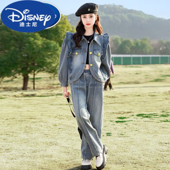 迪士尼品牌童装女童牛仔套装春秋款儿童春装套装女孩洋 140cm