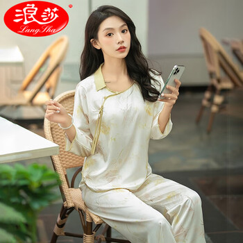 浪莎睡衣女士真丝古风长袖春秋季100桑蚕丝套装薄款中式国风家居服夏