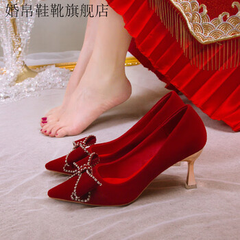 红色婚鞋优雅女秀禾服新娘鞋年新款中式小众不累结婚高跟鞋5cm红色34