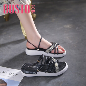 大东dusto凉鞋女平底鞋仙女风2024年新款夏季大学生水钻珍珠两穿罗马