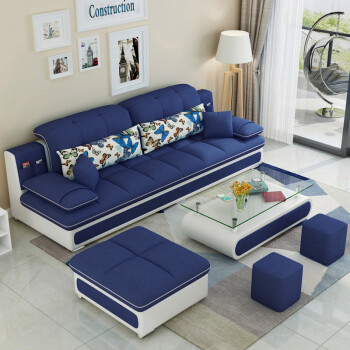 简约现代三人位布艺沙发组合可拆洗小户型沙发客厅整装家具 深蓝色