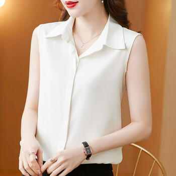 藤印夏季女生无袖衬衫女宽松版女士衬衣白色女上衣打底背心翻领女
