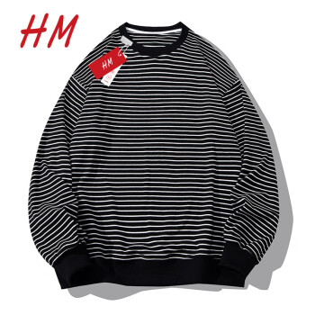 hm冬季新款hm潮牌冬季双面德绒条纹休闲卫衣男加绒百搭圆领男外套石墨