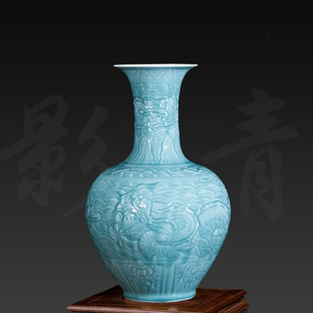 景德镇陶瓷器仿古手工雕刻影青龙纹大号花瓶摆件现代中式客厅装饰礼品