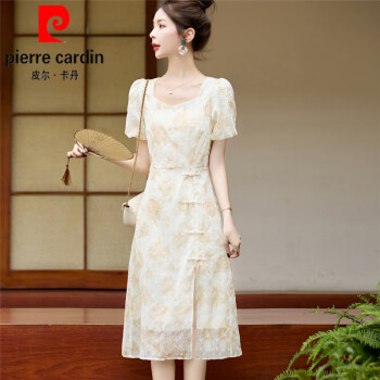 皮尔卡丹（pierre cardin）刺绣印花连衣裙女2024夏季新款新中式国风盘扣改良旗袍裙子针织 卡其色 秒发 L 建议105-115斤