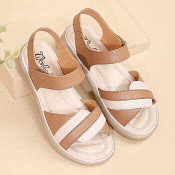佐伐软底舒适妈妈凉鞋女夏季新款中老年平底奶奶鞋卡其色35
