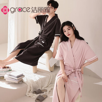 洁丽雅新款情侣睡袍 棉质 男女薄款短袖浴巾外套夏天一对家居服 zy2