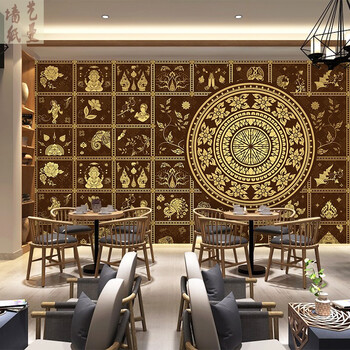 东南亚风格墙纸泰国壁纸泰式民族花纹东南亚风情装饰壁画餐厅按摩瑜伽