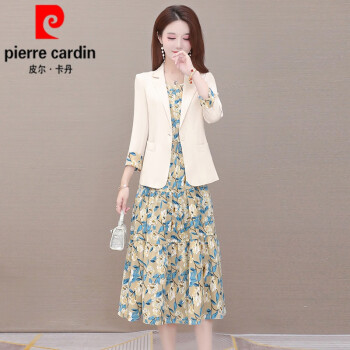 皮尔卡丹（pierre cardin）贵夫人连衣裙西装套装女2024年新款初春装阔太太时尚洋气妈l妈针 米白 M (适合85-105斤)