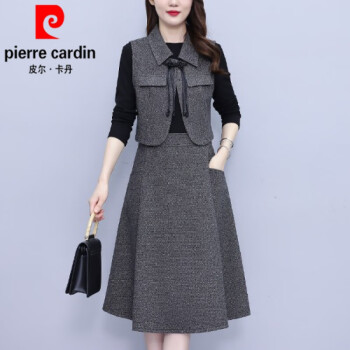 皮尔卡丹（pierre cardin）阔太太时尚连衣裙女士春季2024新款洋气减龄显瘦气质马甲套装针织 灰色 3XL 【建议130-140斤】