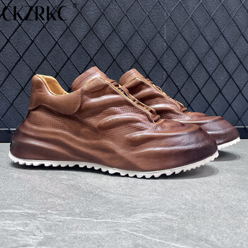 ckzrkc欧洲站男鞋头层牛皮手工擦色运动休闲鞋低帮日式复古内增高老爹