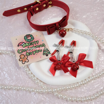 圣诞热恋性感红色铃铛项圈珍珠链乳夹新年情趣礼物饰项圈珍珠链乳夹
