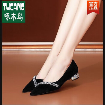 啄木鸟官方温州真皮粗跟单鞋女磨砂真皮鞋2024年夏秋新款平底小皮鞋