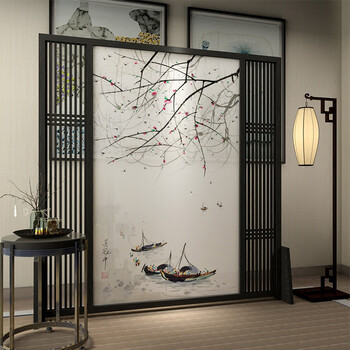 古典屏风 新中式实木座屏屏风隔断客厅玄关茶楼办公半透纱质布艺屏风