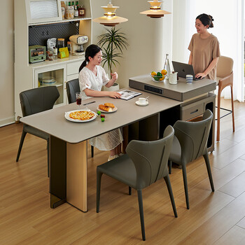 德邦博派岛台餐桌一体带电磁炉可伸缩多功能客厅家用岩板桌子饭桌