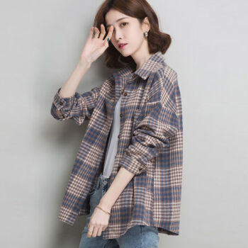揽斌夏季青年女生长袖开衫纽扣衬衫毛呢格子衬衫女秋季韩版复古港味宽