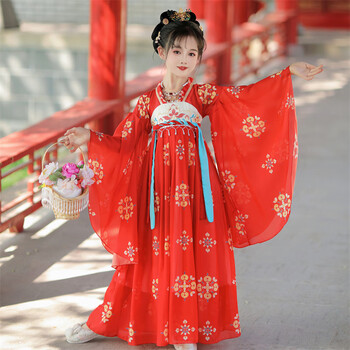 黄鸭女童红色汉服连衣裙春夏新装2024中国风儿童唐装襦裙古装红色140