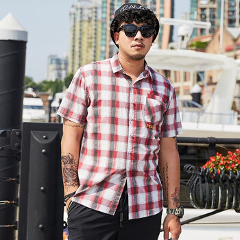 季玲大码男装衬衫短袖宽松加肥加大潮胖子显瘦格子潮牌纯棉肥佬衬衣服