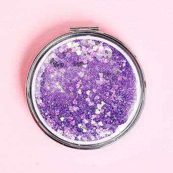 流沙化妆镜 迷你翻盖随身便携式小镜子可爱少女心双面镜 圆款-紫色