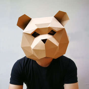 创意泰迪熊头套面具动物纸模diy材料化妆舞会表演抖音道具 全卡其色