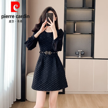 皮尔卡丹（pierre cardin）名媛法式小香风连衣裙女春秋2025新款长袖提花赫本小黑裙针织 黑色【感小洋装/网红炸街/减龄/ M 【47-53kg】发出