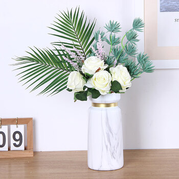 插花陶瓷大理石干花欧式现代样板房餐桌软装饰品 散尾葵白色款 大号金