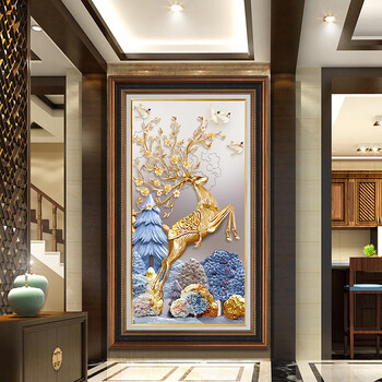 赏心悦画5d钻石画满钻新款客厅玄关竖版过道钻石绣黄金发财鹿十字绣点