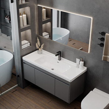 洗脸盆柜智能镜柜子卫浴柜定制铁灰色两门一抽陶瓷一体盆背光方镜80cm