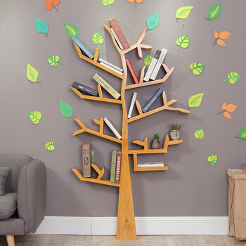 个性美式创意实木艺术树形墙壁落地书架置物架客厅卧室背景装饰架 2.