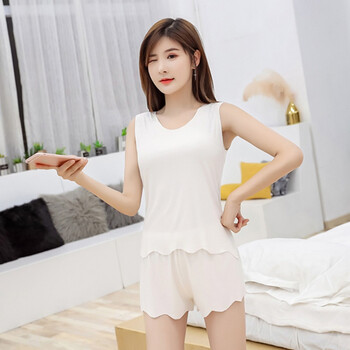 背心两件套家居服套装 棉简约睡衣胖mm服加肥大码女装三分安全裤 白色