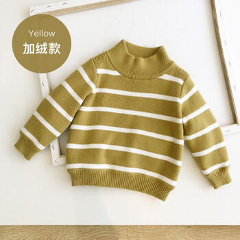 京东品质保障 婴童装女宝宝加绒针织衫包芯纱儿童条纹高领毛衣套头