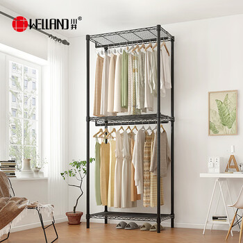 川井衣架落地卧室挂衣架双层衣帽架加高衣服置物架室内晾衣架简易衣柜