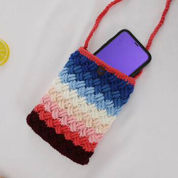 宝妈手工编织竖款女生毛线手机包纯手工制作小清新针织包成品 彩条斜