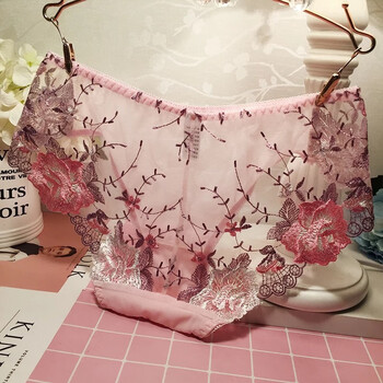 欧美刺绣绣花透明网纱蕾丝内裤女性感火辣诱惑中腰舒适三角 粉色杜鹃
